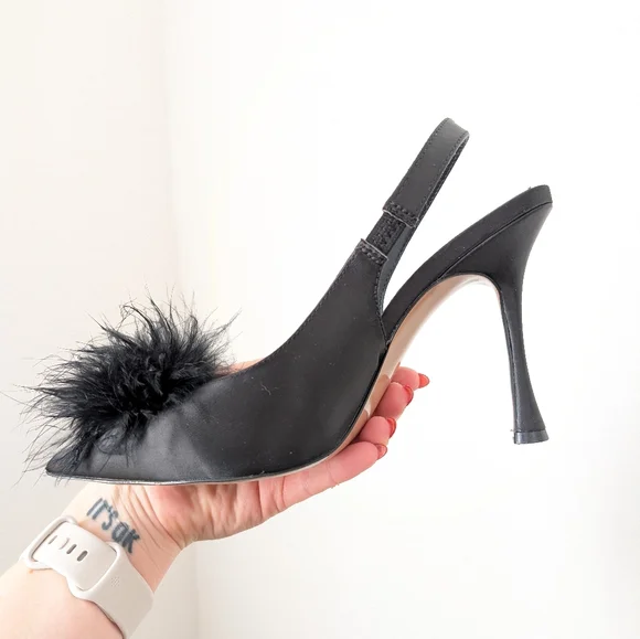 Steve Madden Black Feather Pom Pom Blythe Satin Slingback Heels Pumps - Picture 7 of 10